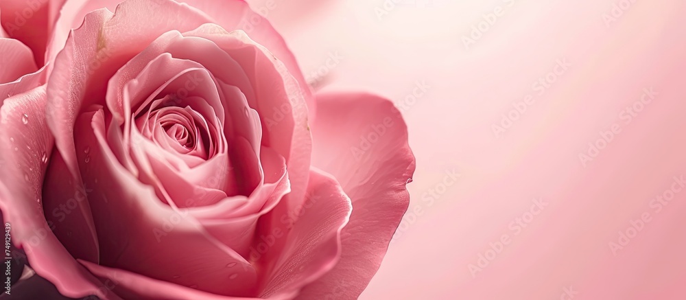 Fototapeta premium A detailed view of a pink rose with soft petals, captured up close against a pink backdrop. The intricate details of the flower are highlighted, showcasing the delicate beauty of the rose.