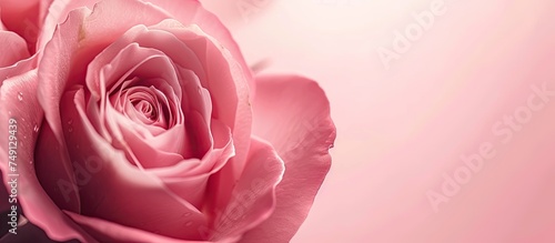 A detailed view of a pink rose with soft petals, captured up close against a pink backdrop. The intricate details of the flower are highlighted, showcasing the delicate beauty of the rose.