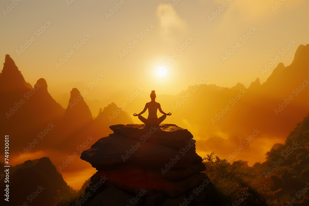 A woman doing yoga on the mountaintop at dusk outdoors