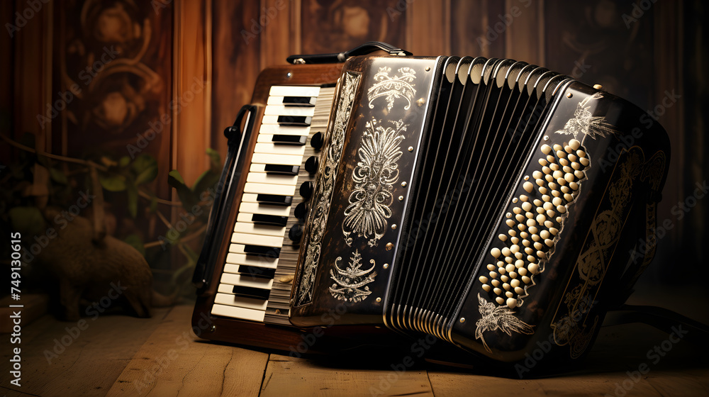 Vintage Accordion: A Tribute to the Rich History of Music - Stock Photo - obrazy, fototapety, plakaty 