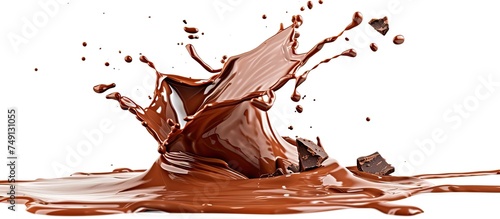 Rich chocolate splashes into clear water on a white background, creating a mesmerizing visual impact. The collision of chocolate and water forms unique patterns and textures in this captivating moment