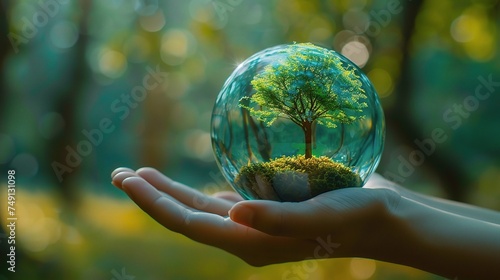 Blue glass globe ball and tree in human hand on blurred green background. Saving environment, save