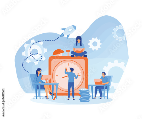 Time management, control. Businessman run along gear in form of clock. Organization of process. flat vector modern illustration 