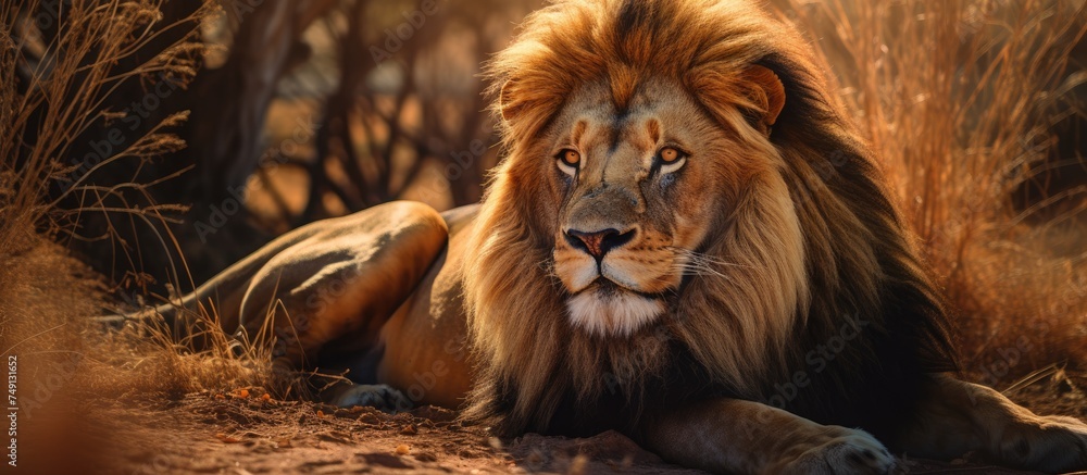 Fototapeta premium A powerful, wild lion of the species Panthera Leo lies in a sprawling, green field of grass in its African habitat. The majestic animal exudes strength as it rests under the open sky.