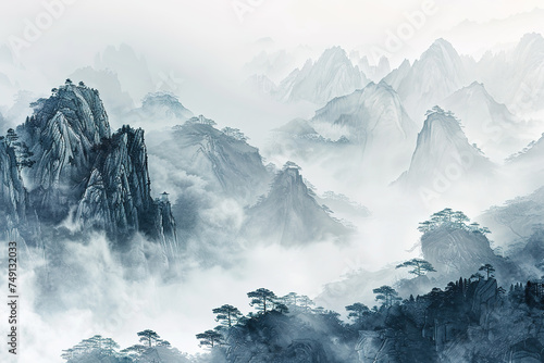 Illustration of Traditional Chinese Black and White Landscape Ink Painting