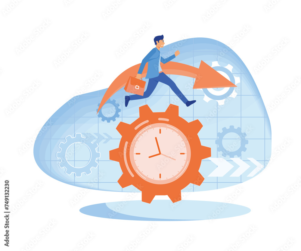 Time management, control. Businessman run along gear in form of clock. Organization of process. flat vector modern illustration 
