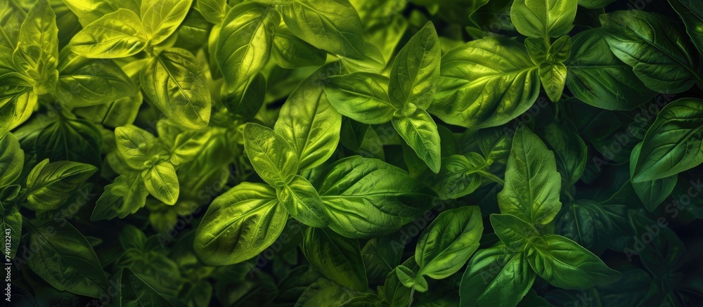 Up-close view of a bunch of fresh green leaves, showcasing their vibrant color and intricate patterns. The leaves are clustered together, creating a lush and lively natural setting. Up-close view of a bunch of fresh green leaves, showcasing their vibrant color and intricate patterns. The leaves are clustered together, creating a lush and lively natural setting.