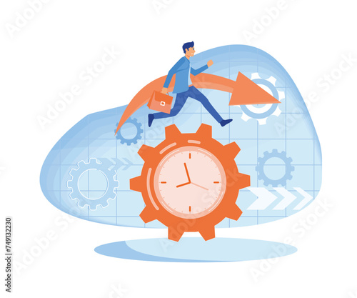 Time management, control. Businessman run along gear in form of clock. Organization of process. flat vector modern illustration 