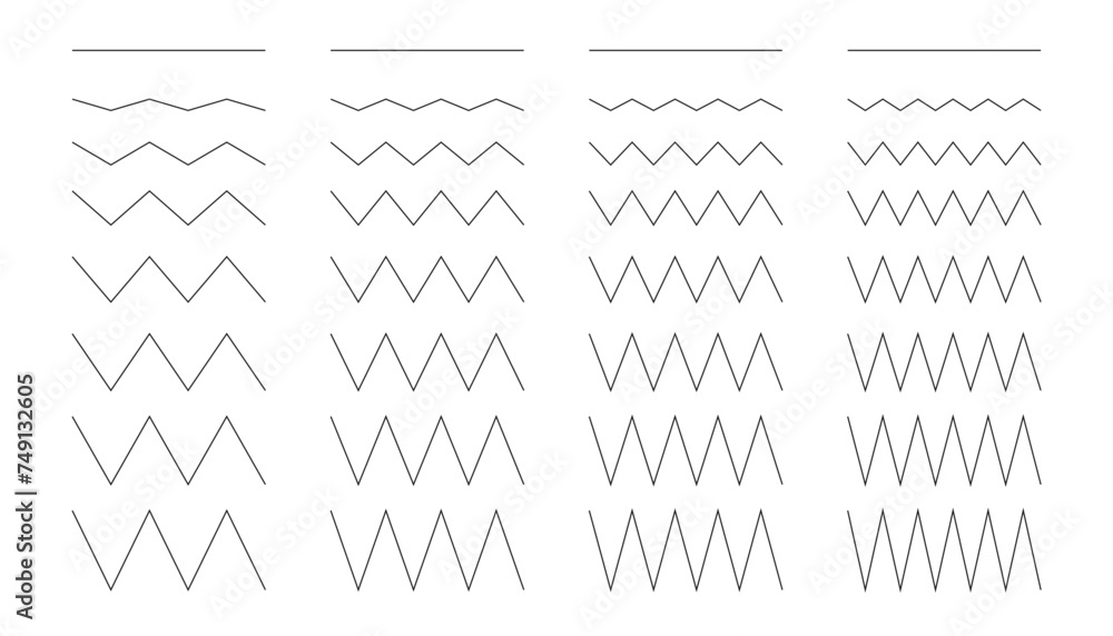 Set of zig zag wavy, vector collection of different thin line wide and narrow wavy line, curvy and zig zag, zig zag horizontal lines - obrazy, fototapety, plakaty 