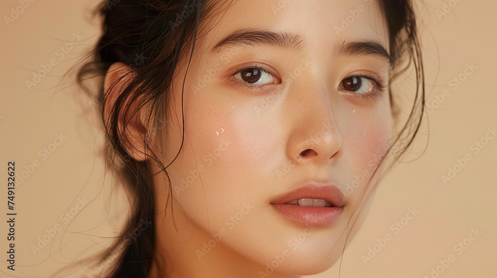 Beautiful young Asian woman with clean fresh skin on a beige background, Face care, Facial treatment, Cosmetology, beauty, and spa. Beautiful young Asian woman with clean fresh skin on a beige background, Face care, Facial treatment, Cosmetology, beauty, and spa.