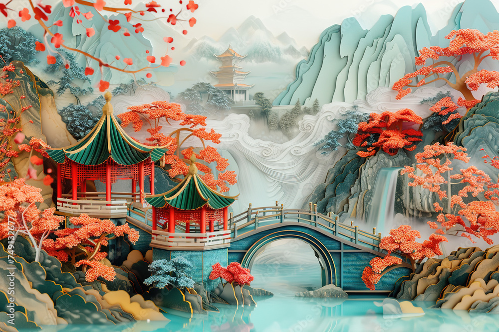 Multidimensional Paper Cuttings style Chinese classical bridge water landscape illustration