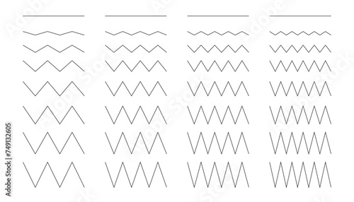 Set of zig zag wavy, vector collection of different thin line wide and narrow wavy line, curvy and zig zag, zig zag horizontal lines
