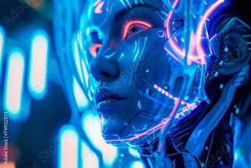 face of female humanoid android Artificial Intelligence mechanical robot be creative Have an understanding of orders It has the most advanced operating system Robot innovations future cyber punk tone