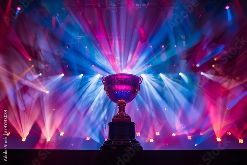A trophy on a stage with dynamic lighting and a crowd.