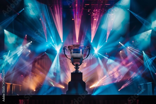 A trophy on a stage with dynamic lighting and a crowd.