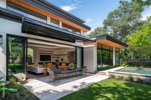 Modern house exterior with an open patio and awning. photo