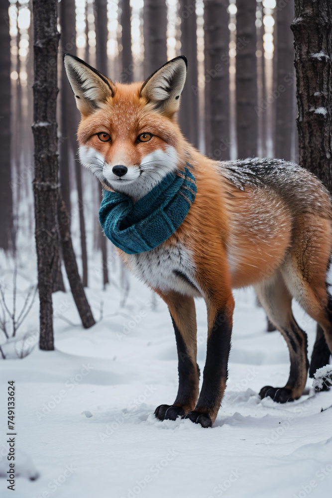 Obraz premium Fox wear Scarf in Deep Winter Forest