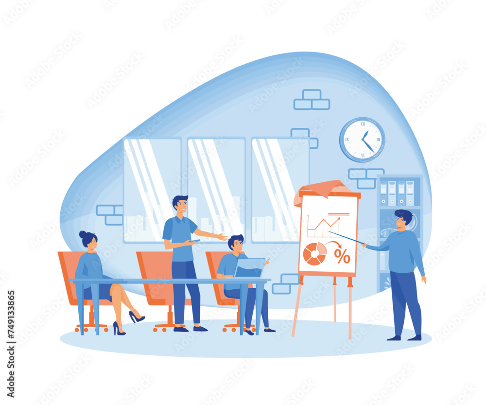 Business coach speaking in front of audience. Mentor presenting charts and reports on seminar, training, presentation or conference. flat vector modern illustration Business coach speaking in front of audience. Mentor presenting charts and reports on seminar, training, presentation or conference. flat vector modern illustration
