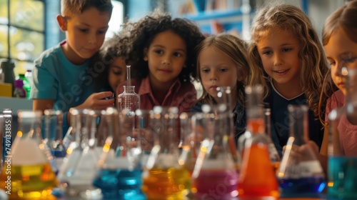 Exciting Science Lab Experiment with a Group of Happy Children Exploring Chemistry and Biology