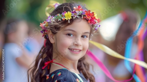 Celebrating Spring: Joyous Young Girl Dancing with Friends at Colorful Ribbon Twirling Festival