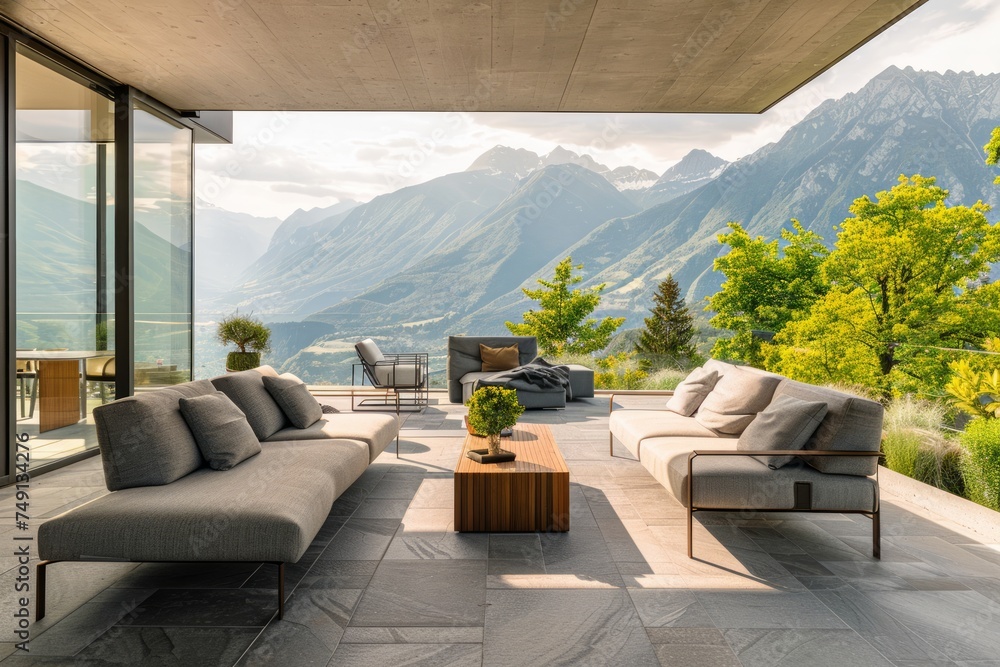 Fototapeta premium Modern house terrace with mountain view
