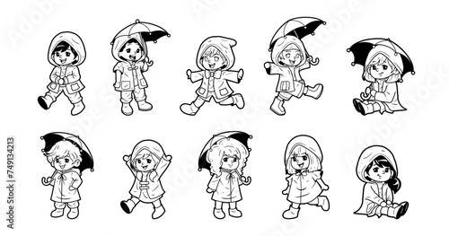 Group of children wearing raincoat outline sketch vector illustration set