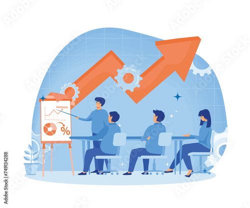 Prospective Experienced Office Supervisor, Responsible for Support of Trainees, Giving Presentation Within Business Seminar, Using Pie Diagrams and Column. flat vector modern illustration