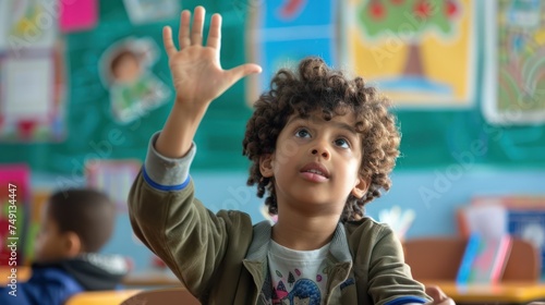 Eager Student Raises Hand in Colorful Classroom for Interactive Learning and Engagement