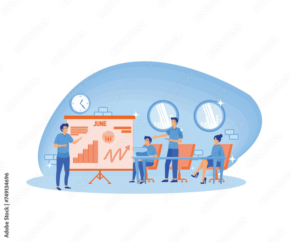 Business seminar speaker doing presentation and professional training about marketing, sales and e-commerce. flat vector modern illustration Business seminar speaker doing presentation and professional training about marketing, sales and e-commerce. flat vector modern illustration