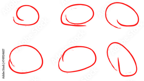 Hand drawn red marker round frame. Hand drawn marker stroke style doodle red circle frame. Scribble round frame for check, text highlight. Grunge scratch style set tranparent. Vector illustration