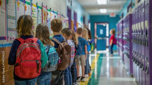 Excited Students Lined Up in Colorful School Hallway for Busy Day of Learning