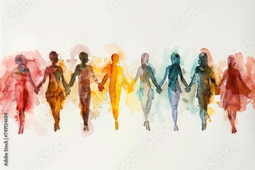 Watercolor painting of diverse people holding hands.
