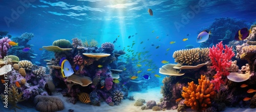 An underwater view of a colorful coral reef in the Red Sea teeming with various species of tropical fish swimming among the coral colonies. The scene is lively and full of movement as the fish dart in