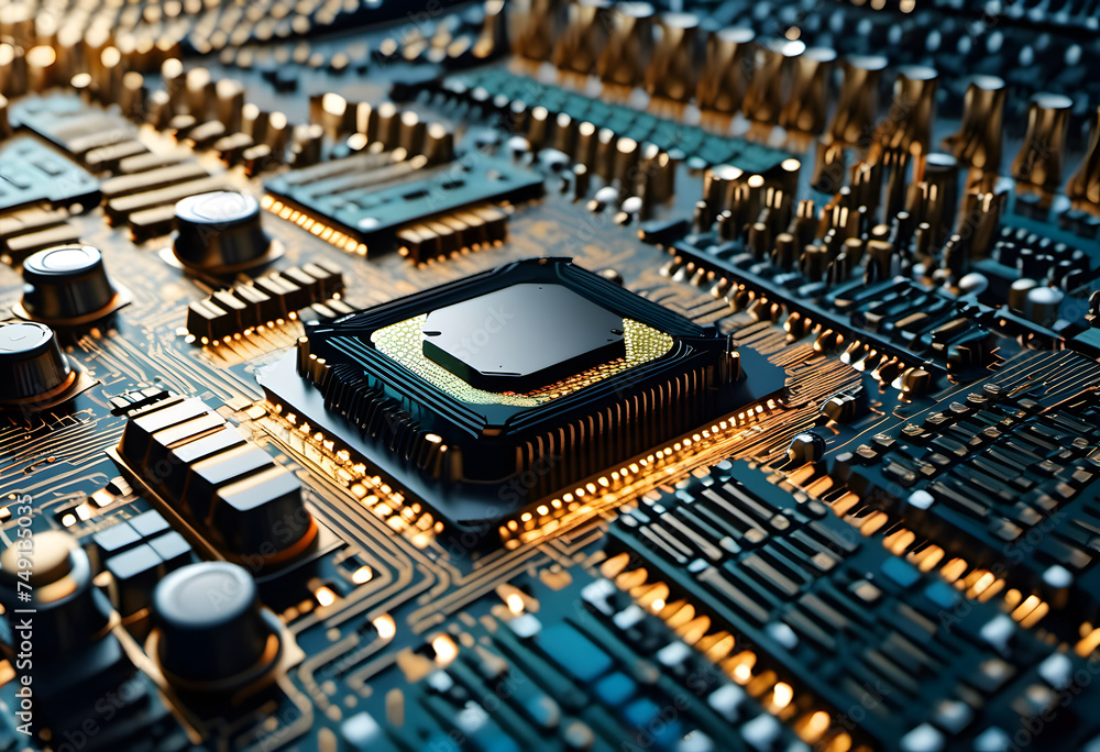 Close-up of a microprocessor chip on a circuit board with electronic components, technology background.