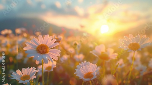 Chamomile flowers field wide background in sun light. Summer Daisies. Beautiful nature scene with blooming medical chamomilles
