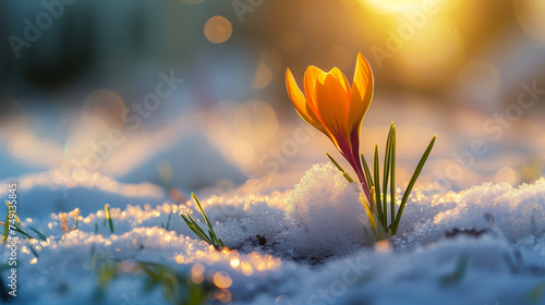 Spring Crocus Blooms Through Snowmelt, Golden Sunlight, Early Spring Awakening Morning mountains spring flower field