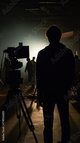 Slhouette of a cameraman from behind scenes of movie production photo