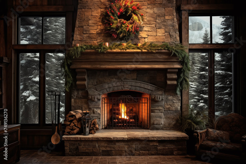 Fireplace in home with christmas decorations