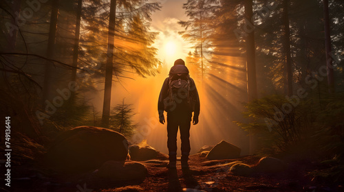 A man with a backpack is exploring the forest in the morning, backpack ready for exploration, the sun rising through trees, capturing the beauty of nature, adventure travel © nettspring