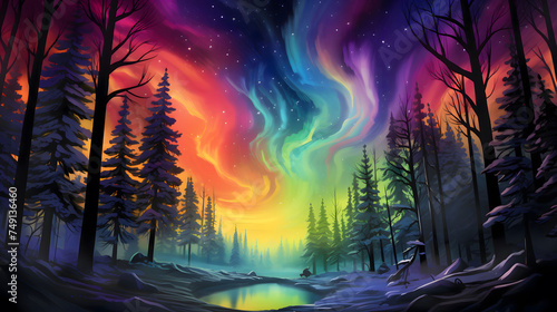 Northern Lights Painting, Aurora Borealis illuminates a silhouetted forest landscape