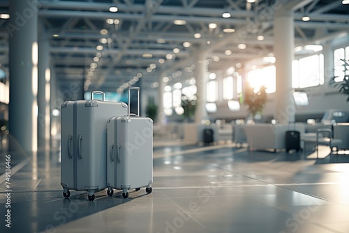 Modern white luggage, sleek design, airport terminal, sunlight.