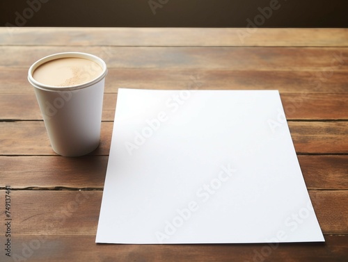 Coffee cup and blank paper on wooden table, stock photo