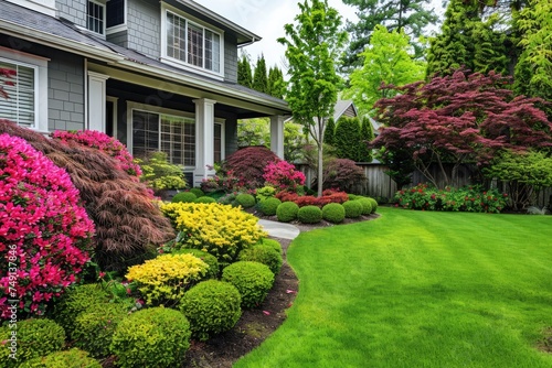 Front yard, landscape design with multicolored shrubs intersecting with bright green lawns behind the house is a modern © kardaska