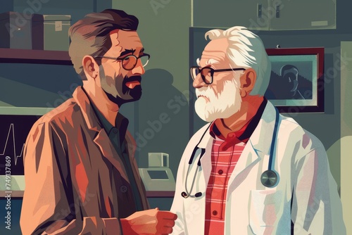 Two doctors discuss a patient's disease. Perfect for healthcare-related projects. Illustration © kardaska