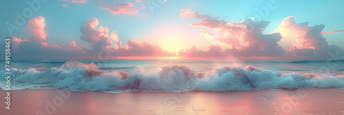 Panorama view of tropical sunset beach nature abstract background. Summer and environment concept. Generative ai.