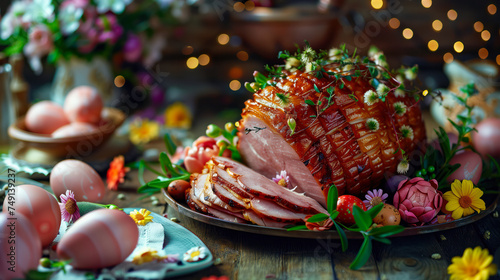 Glazed Easter ham adorned with fresh herbs, surrounded by colorful eggs and spring flowers