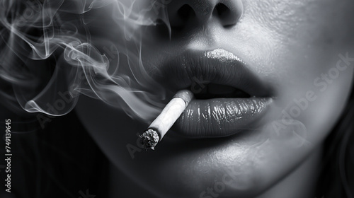 Close-up of a woman's lips with a smoking cigarette
