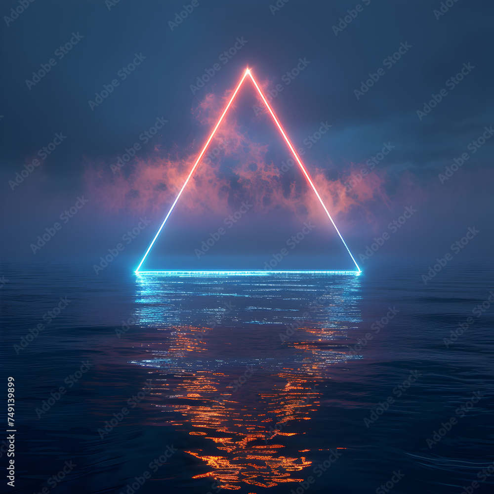 Blue and pink glowing triangle prism over water 