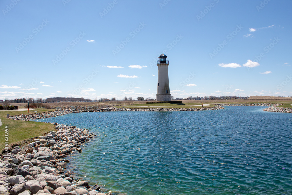 The lighthouse tower and man made body of water in Perrysburg, Ohio.