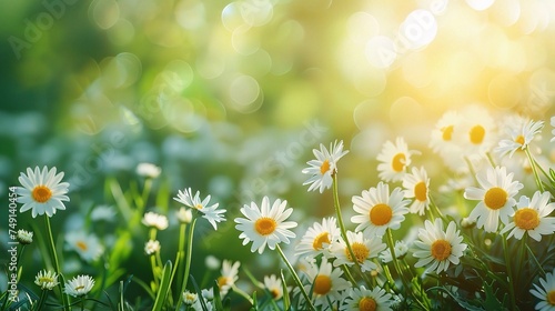 Daisy on green sunny spring meadow. Luminous blurred background with light bokeh